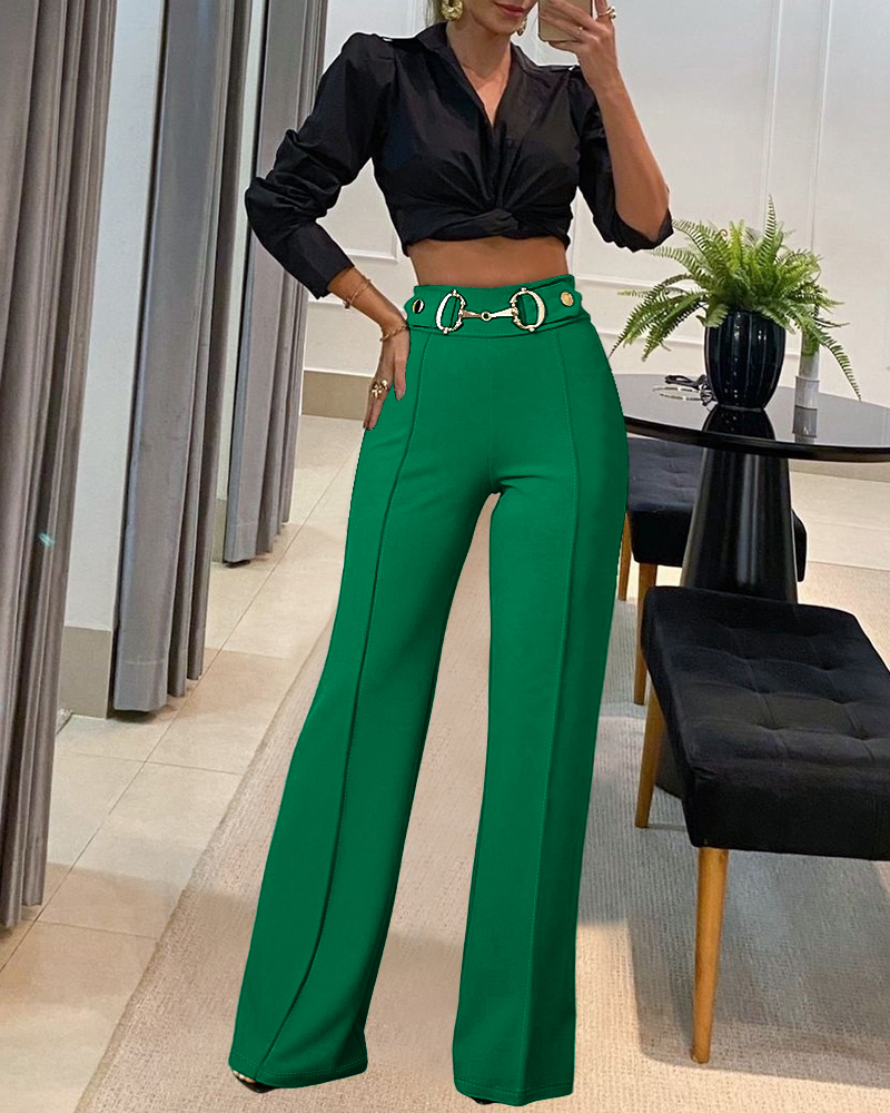 

Metal Button Decor High Waist Casual Straight Leg Work Pants, Green