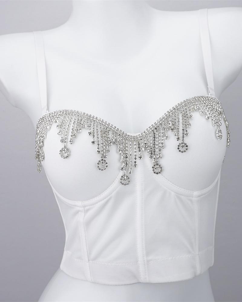 

Rhinestone Tassel Design Buckle Back Crop Corset Top, White