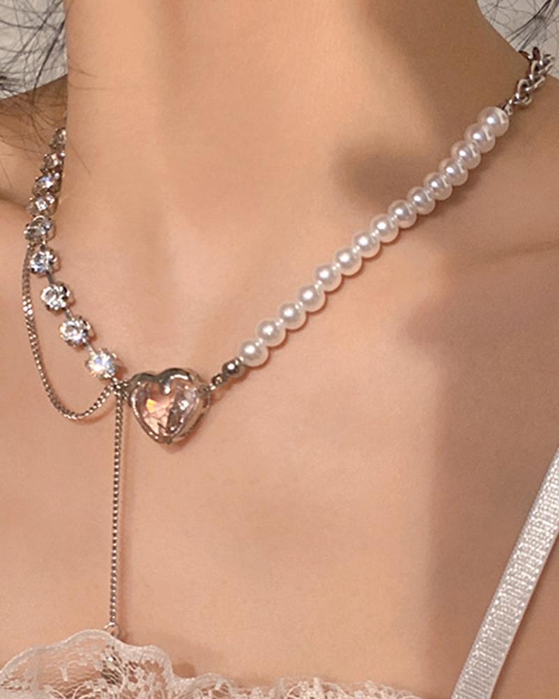 

1pc Faux Pearls Rhinestone Decor Heart Pendant Necklace, Pink
