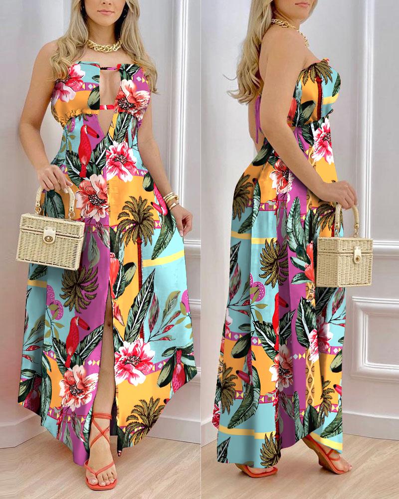 

Tropical Print Tied Detail Cutout Bandeau Maxi Dress, Multicolor