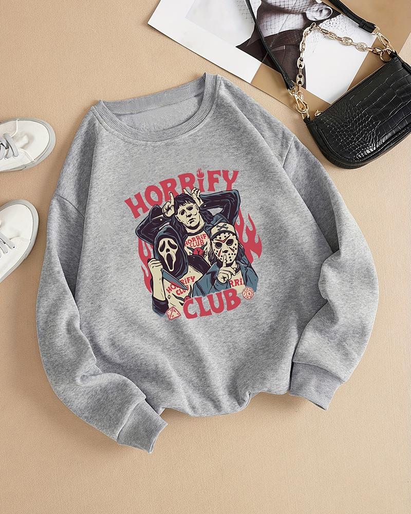 

Halloween Horrify Club Cartoon Figure Print Crew Neck Sweatshirt, Gray