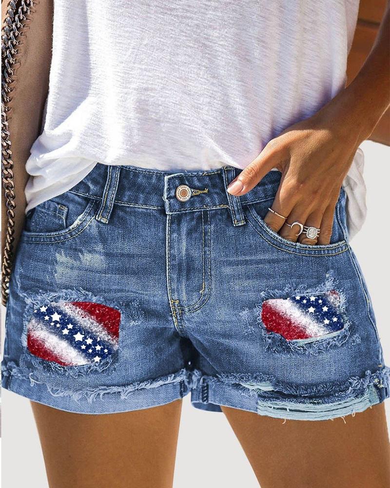 

Independence Day Flag Print Pocket Design Ripped Denim Shorts, Blue