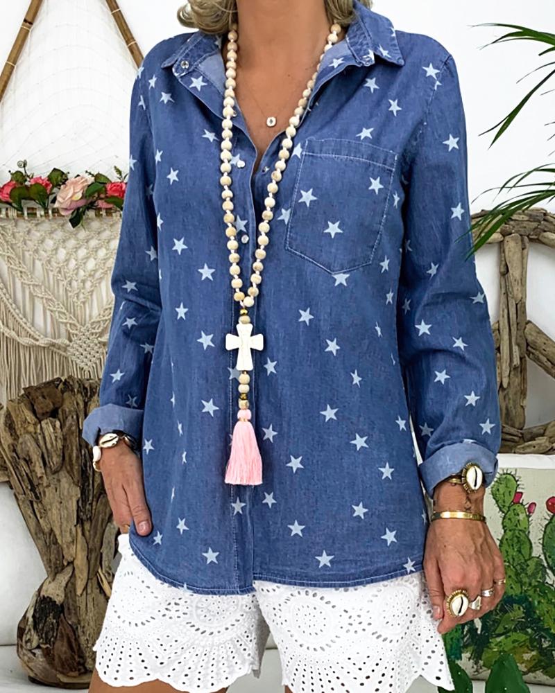 

Star Print Long Sleeve Casual Shirt, Blue