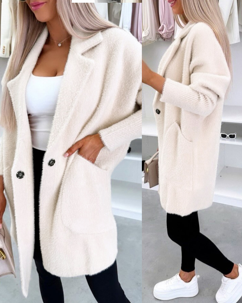 

Manteau boutonné décontracté à manches longues et col rabattu avec poches, Apricot