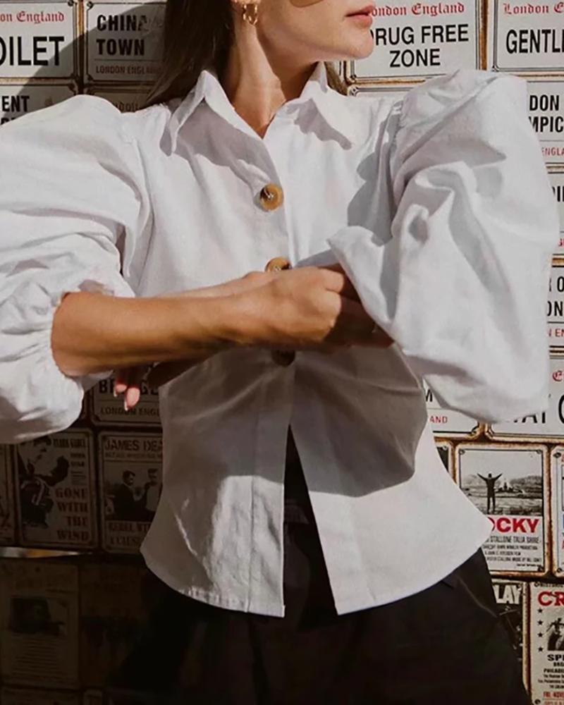 

Solid Turn-down Collar Lantern Sleeve Buttoned Shirt, White