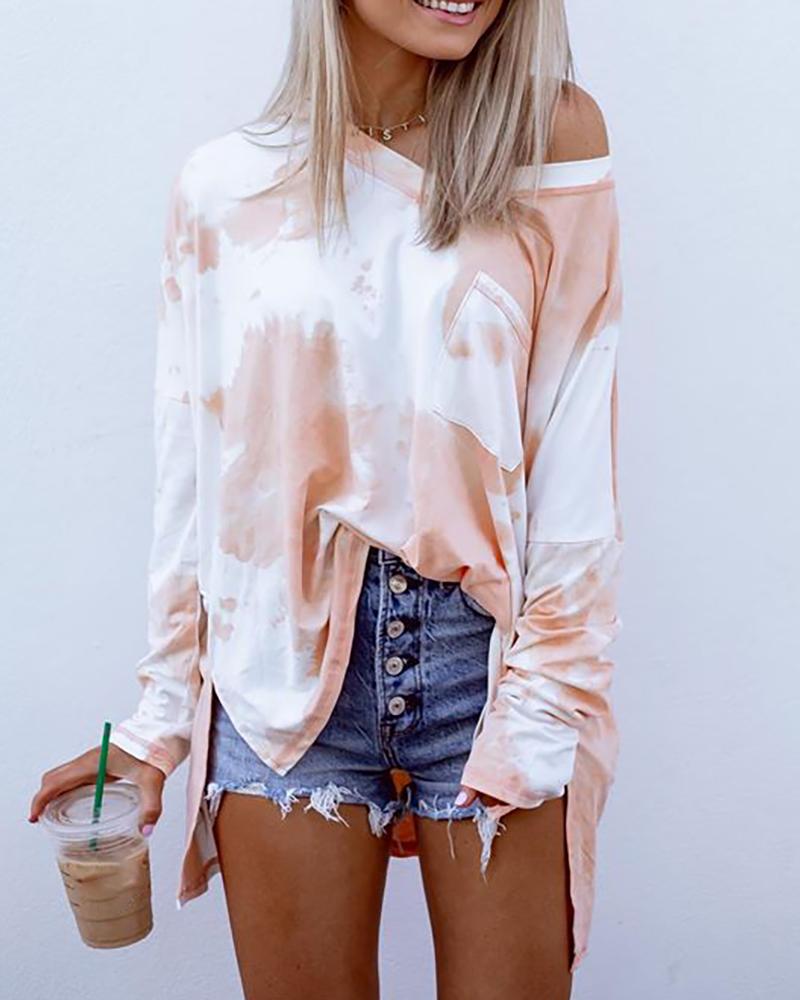 

V Neck Tie Dye Print Pocket Slit Casual Blouse, Pink