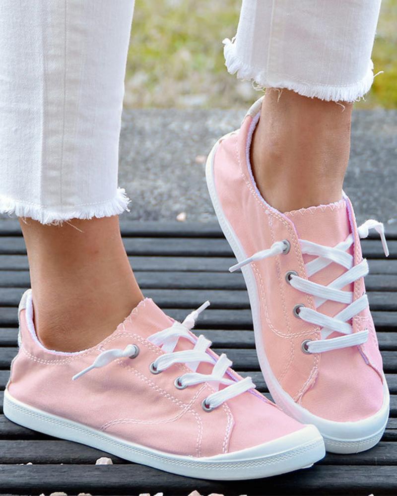 

Contrast Paneled Lace-Up Canvas Sneakers, Pink