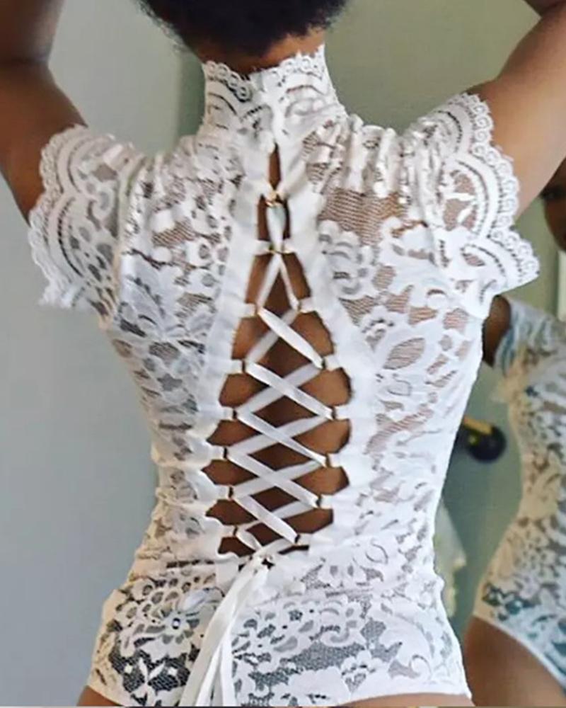 

Solid Lace Cut-out Sleeveless Bodysuit, White