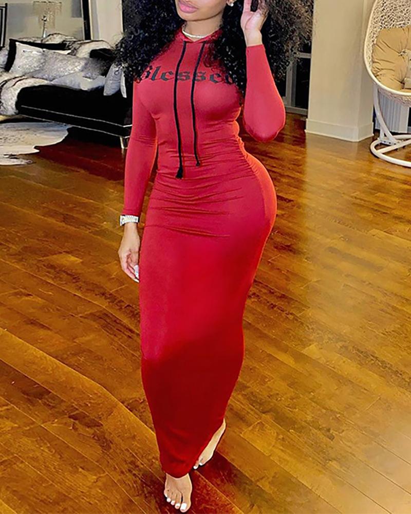 

Letter Print Colorblock Drawstring Maxi Hooded Dress, Red