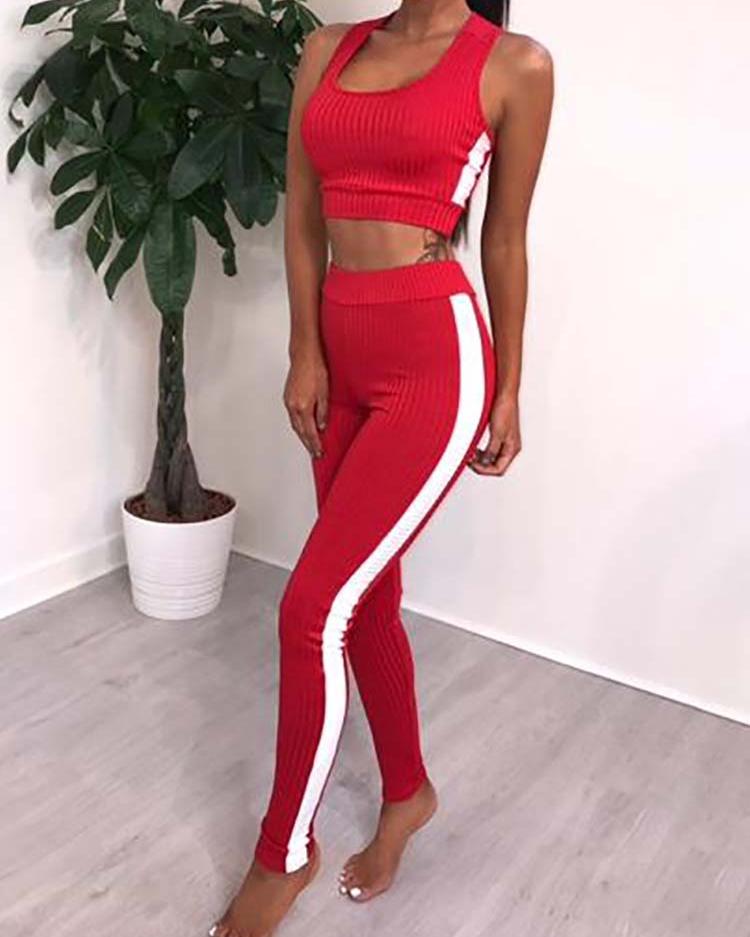

Side Stripes Cropped Long Pants Pantsuit, Red