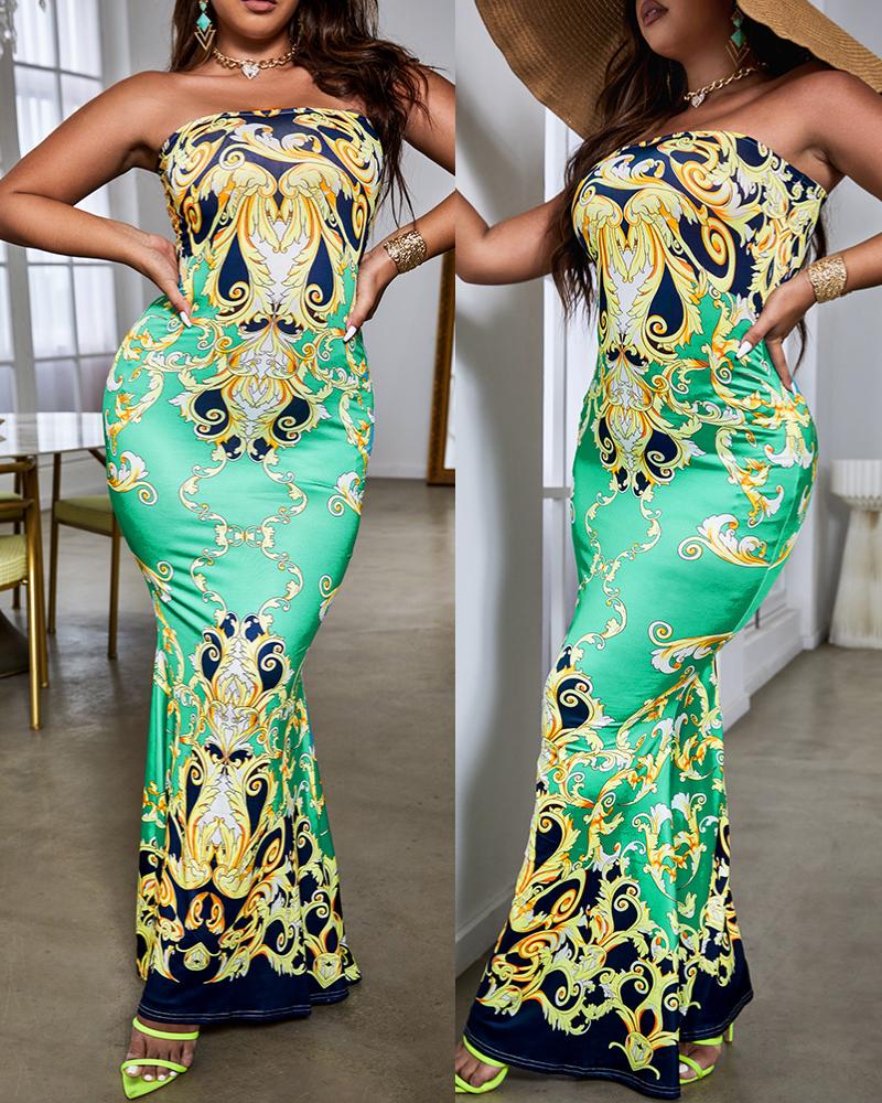 

Vintage Baroque Print Bandeau Maxi Dress, Green