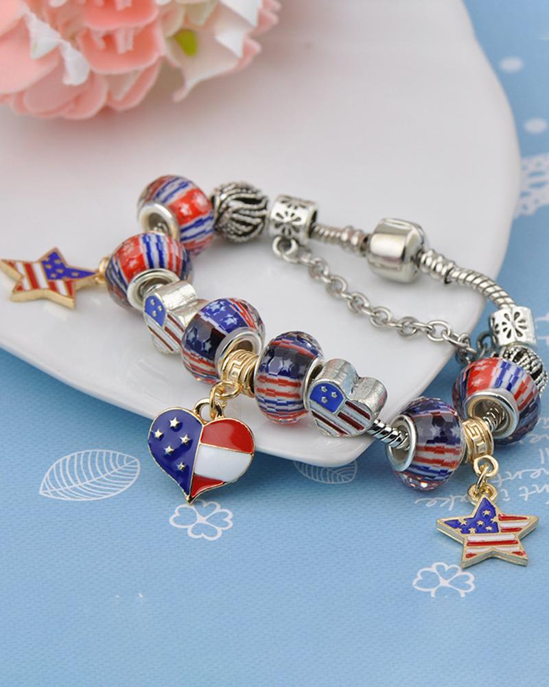 

1pc Independence Day USA Flag Heart Star Beaded Bracelet, Multicolor