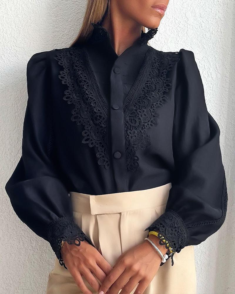 

Contrast Lace Puff Sleeve Buttoned Shirt, Black