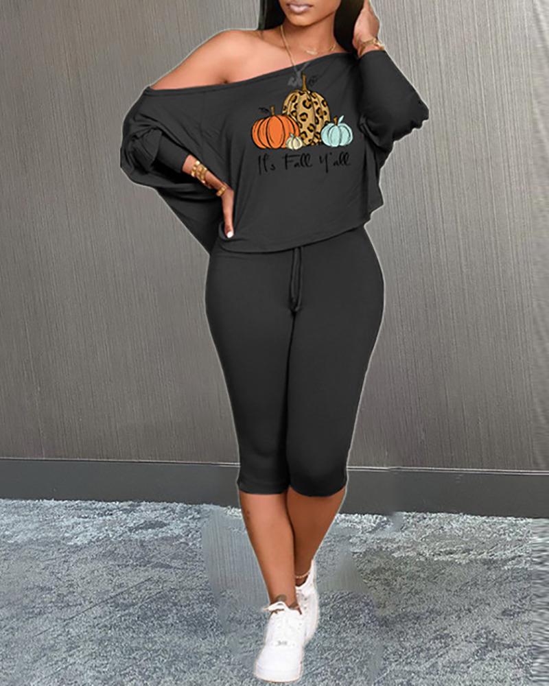 

Halloween Pumpkin Letter Print Top & Drawstring Pants Set, Black