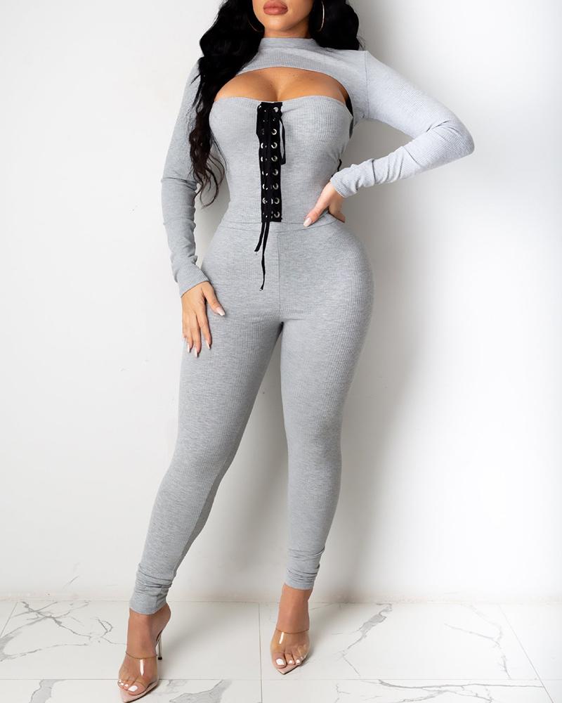 

Long Sleeve Top & Eyelet Lace-up Jumpsuit Set, Gray