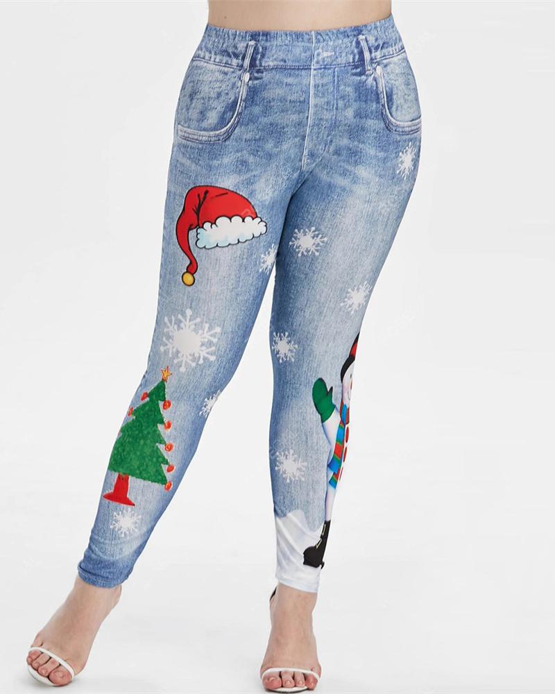 

Christmas Snowman / Tree / Snowflake Print Skinny Pants, Light blue