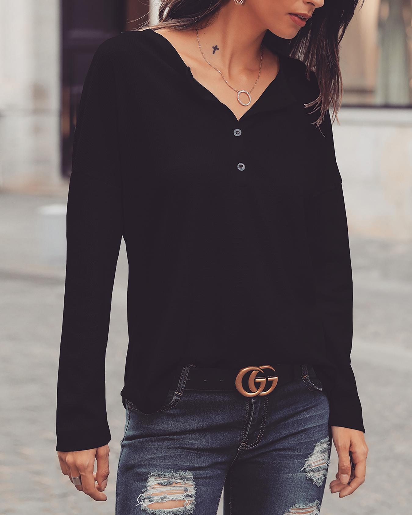 

Solid Button Design Casual Women Blouse, Black
