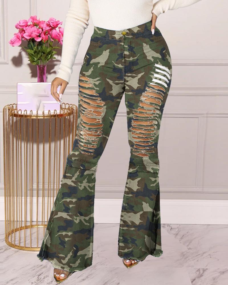 

Camouflage Print Ladder Cutout Fringe Hem Bootcut Jeans, Green