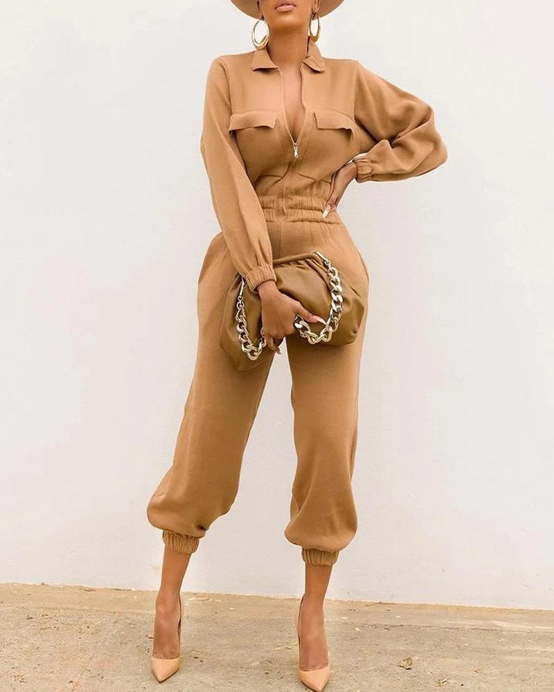 

Plus Size Long Sleeve Zipper Front Cuff Jumpsuit, Apricot