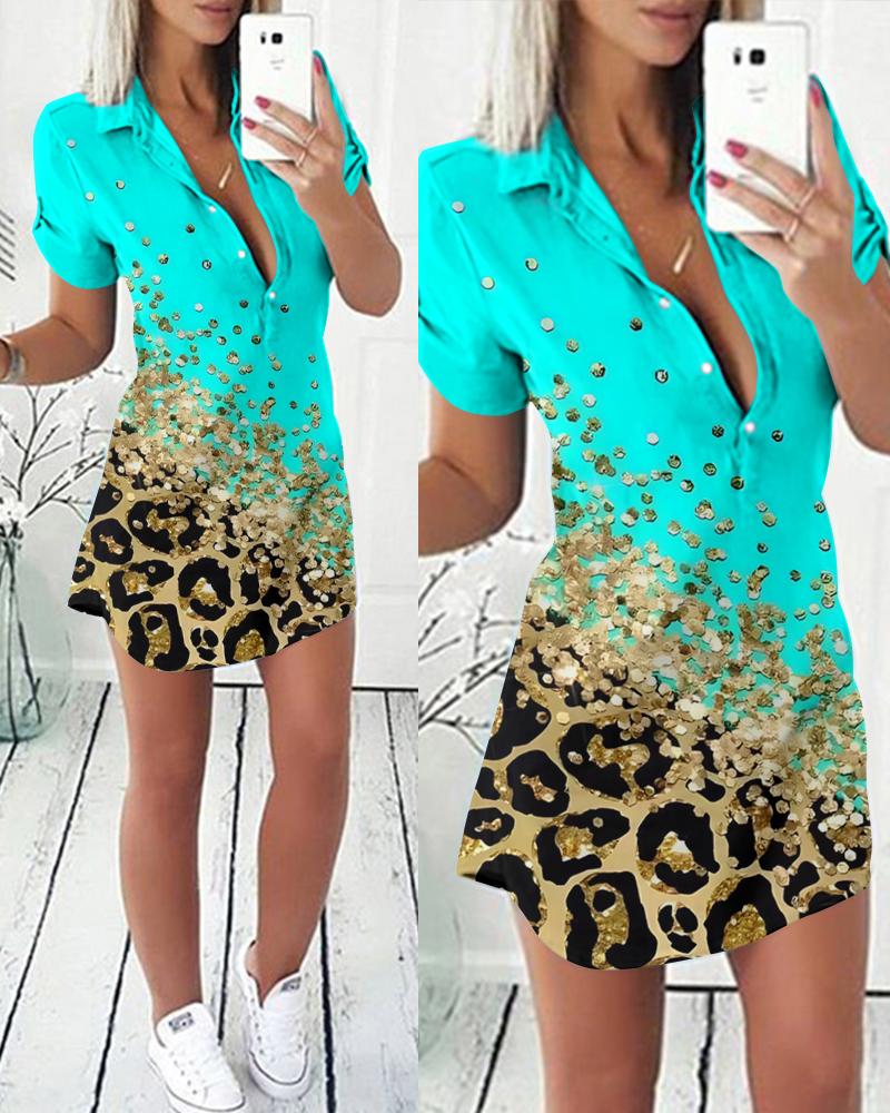 

Contrast Leopard Print Button Front Shirt Dress, Turquoise blue