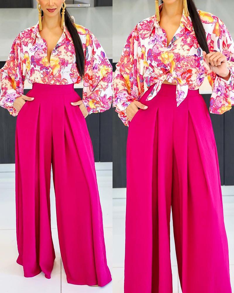 

Floral Print Shirt & Wide Leg Pants Set, Hot pink