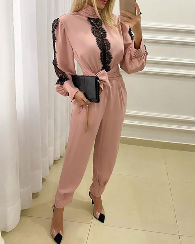 

Tied Detail Eyelash Lace Patch Jumpsuit, Pink