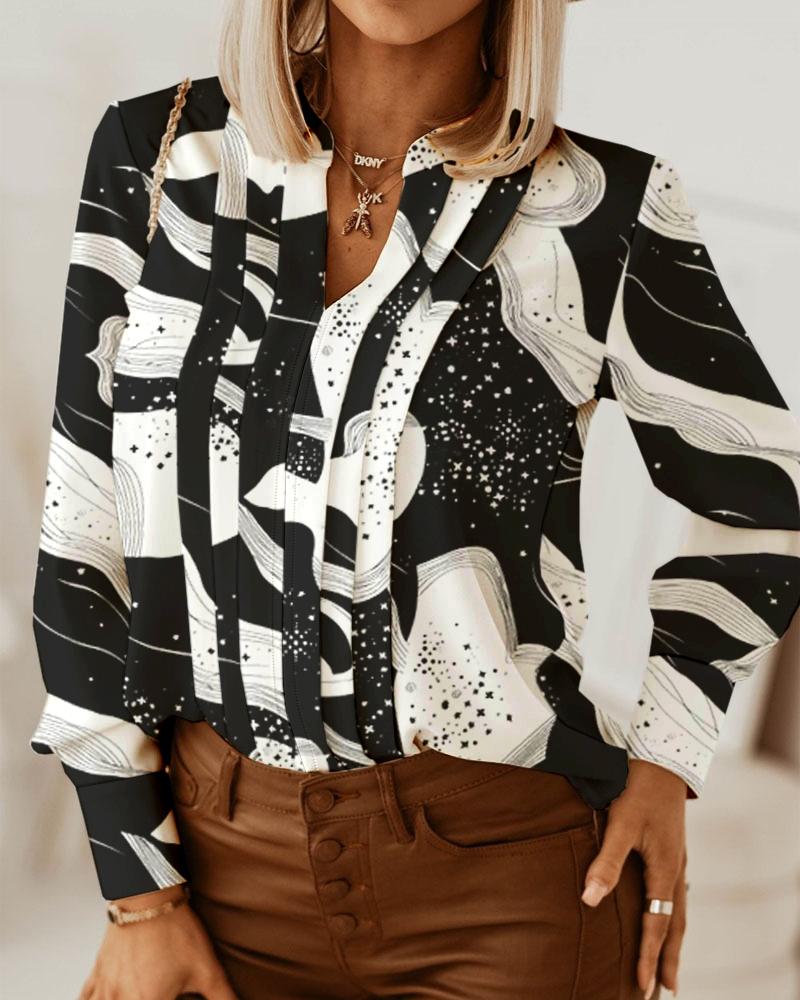 

Abstract Print Pleated Design Long Sleeve Top, Black