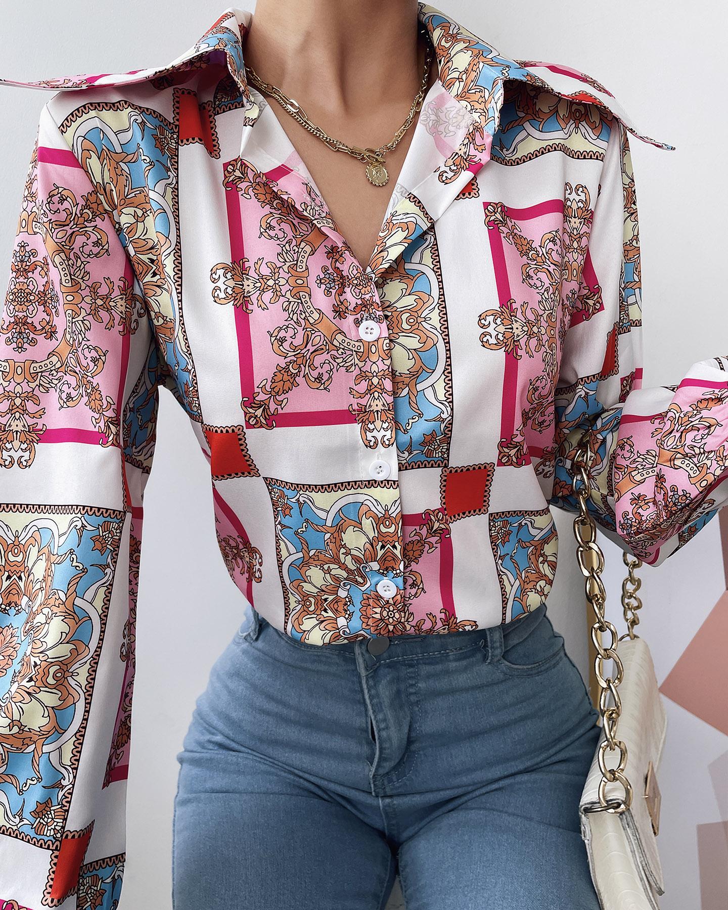 

Scarf Print Button Design Long Sleeve Top, Multicolor