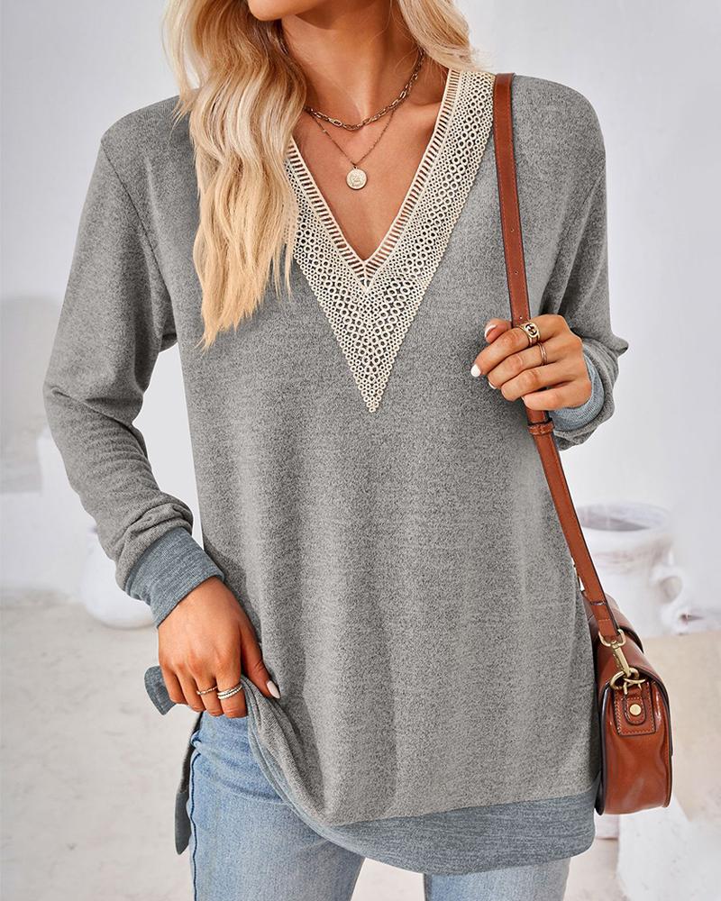 

Contrast Lace Hollow-out Slit Casual Top, Light gray