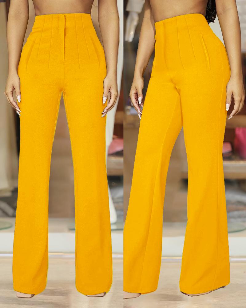 

High Waist Ruched Flared Work Pants, Yellow