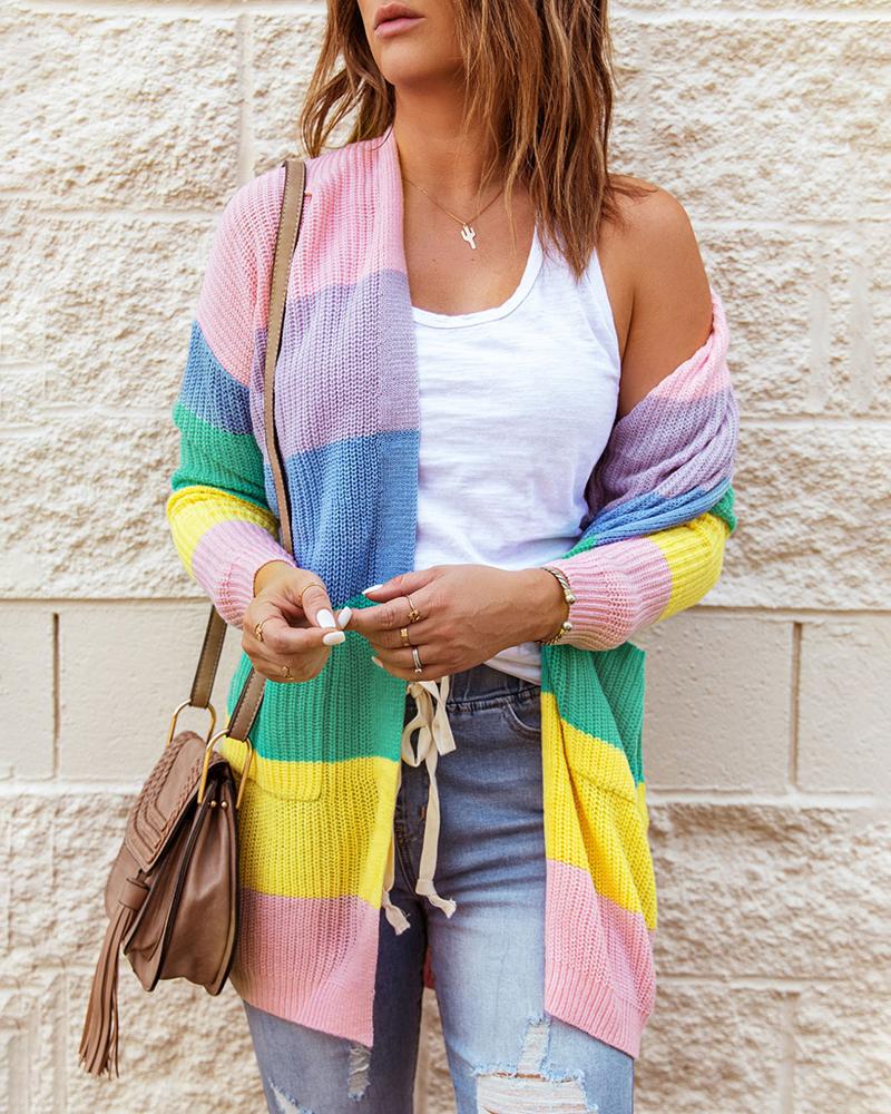 

Striped Print Colorblock Pocket Design Long Sleeve Cardigan, Pink