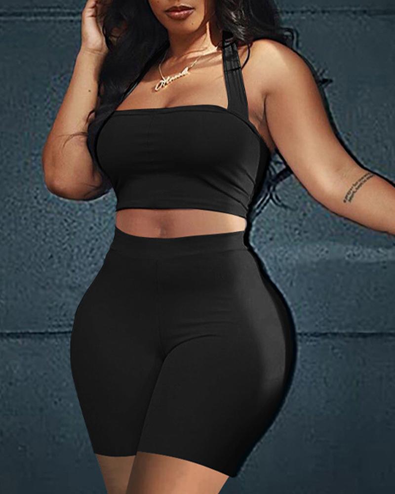 

Halter Backless Crop Top & High Waist Shorts Set, Black