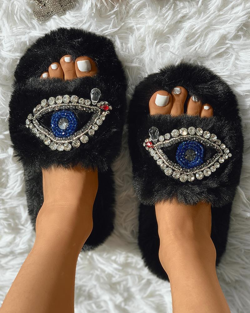 

Eyes Pattern Rhinestone Fluffy Slipper, Black