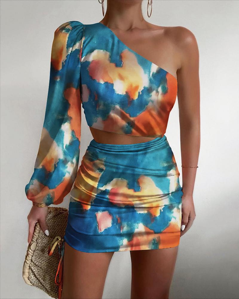 

Tie Dye One Shoulder Crop Top & Skirt Set, Multicolor