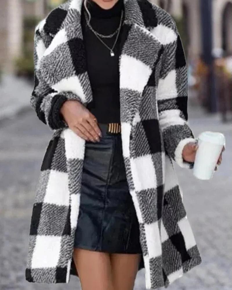 

Fuzzy Plaid Pattern Long Sleeve Coat, Black