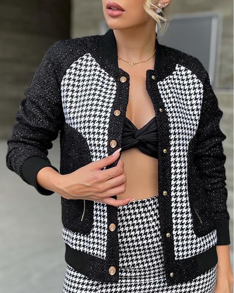

Houndstooth Print Button Design Coat, Black