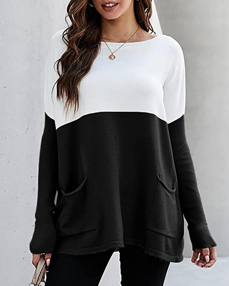 

Long Sleeve Colorblock Pocket Design Top, Black