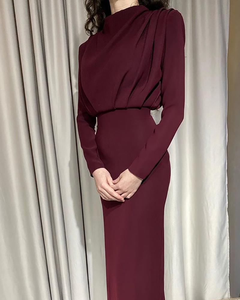 

Long Sleeve Ruched Bust Casual Dress, Wine red