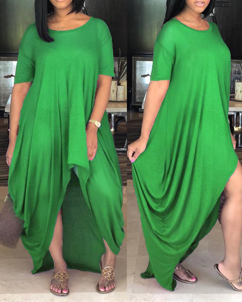

Short Sleeve Ruched Asymmetrical Maxi Dress, Green
