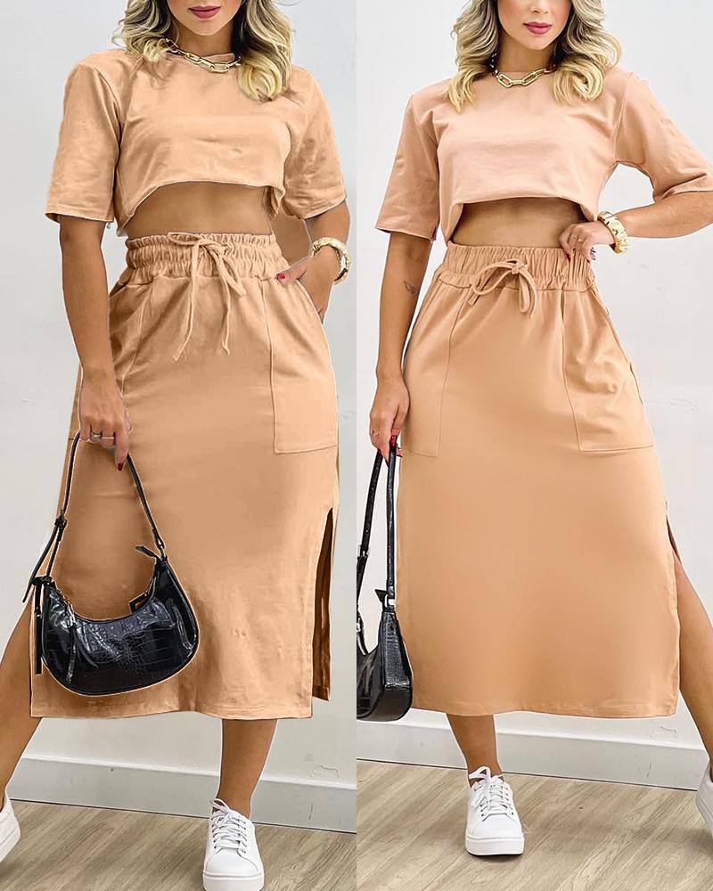 

Half Sleeve Crop T-shirt & Slit Drawstring Skirt Set, Khaki