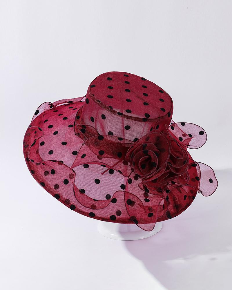 

Polka Dot Print Kentucky Derby Bowler Church Cloche Fascinator Hat Organza Church Dress Cap, Wine red