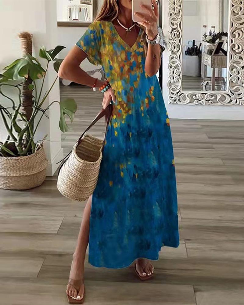 

Allover Print Split Hem Maxi Dress, Blue