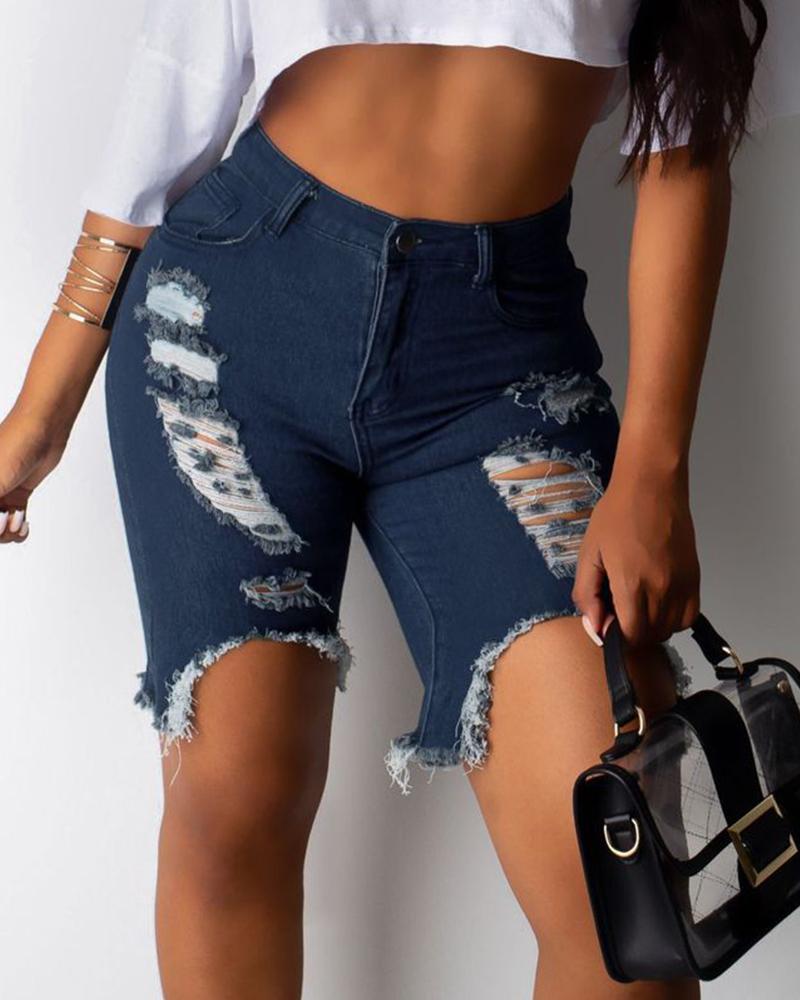 

Ripped Denim Shorts, Dark blue