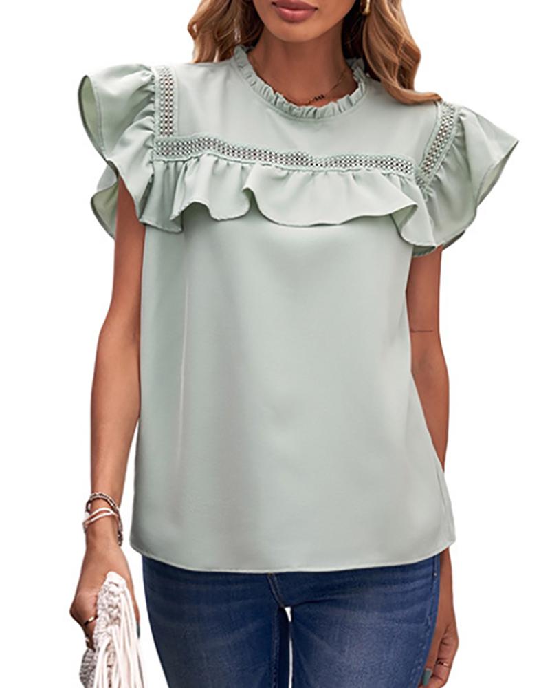 

Ruffles Hollow Out Casual T-shirt, Gray