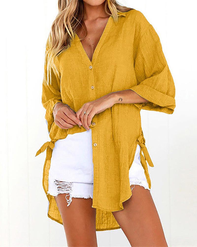 

Tied Detail Buttoned V-Neck Shirt, Yellow