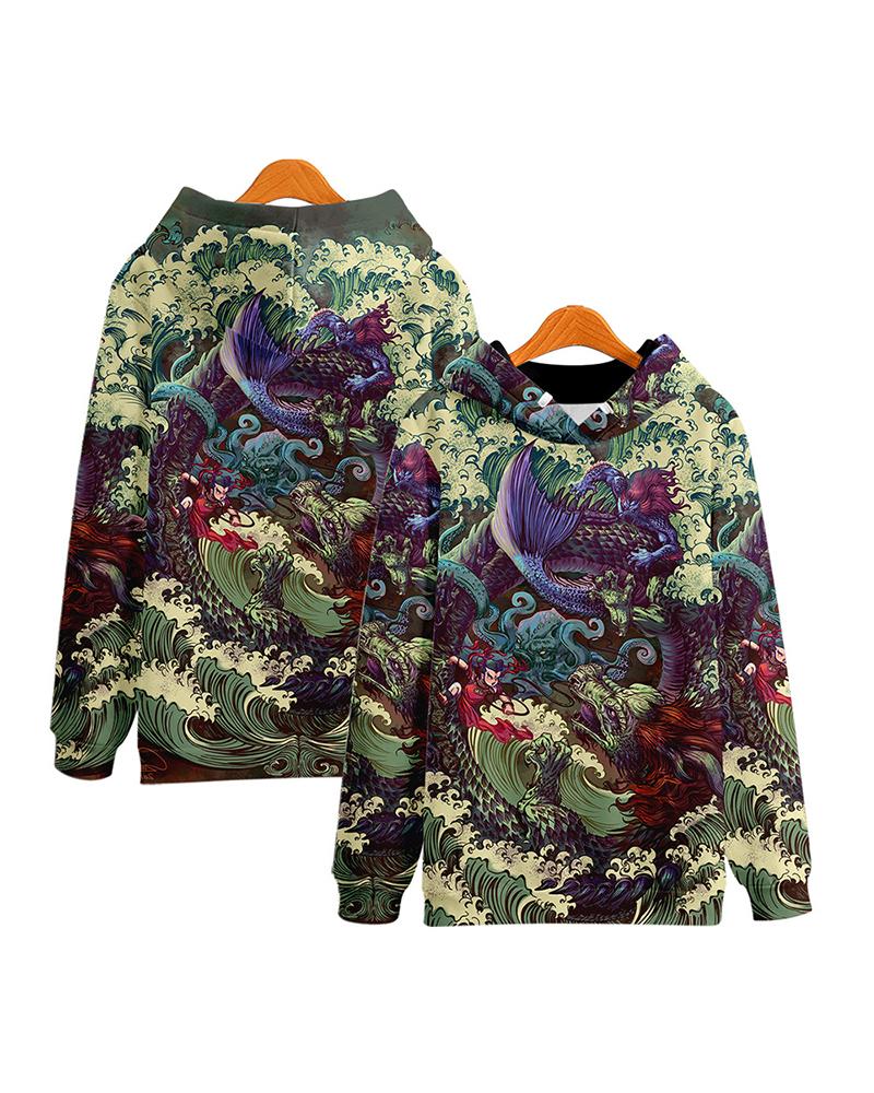 

Classical Patterns Print Long Sleeve Loose Hooded Sweatshirts, Style4