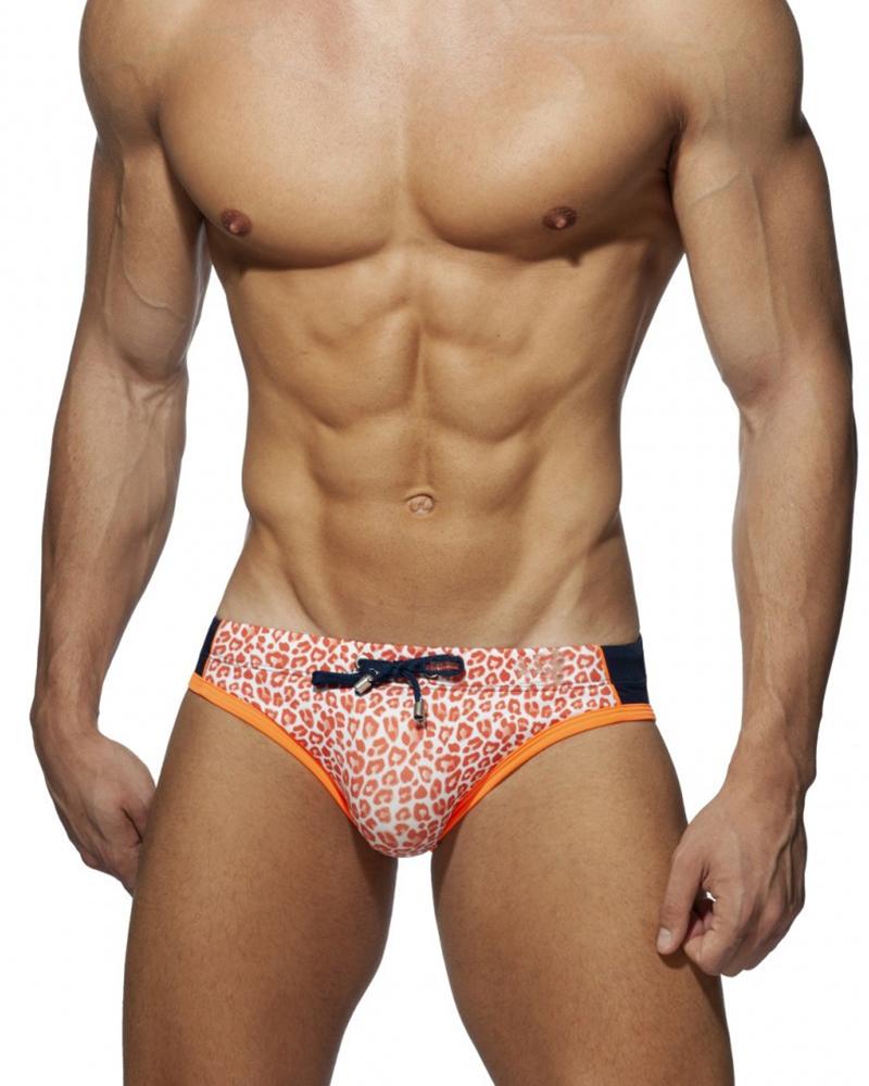 

Color Block Splicing Leopard Print Low Waist Skinny Underpants Swim Pants, Orange