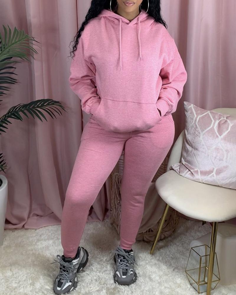 

Long Sleeve Pocket Design Brushed Hooded Top & Pants Set, Pink