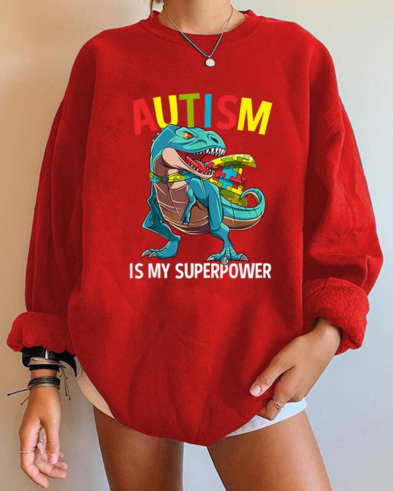 

Cartoon Dinosaur Letter Print Long Sleeve Sweatshirt, Red