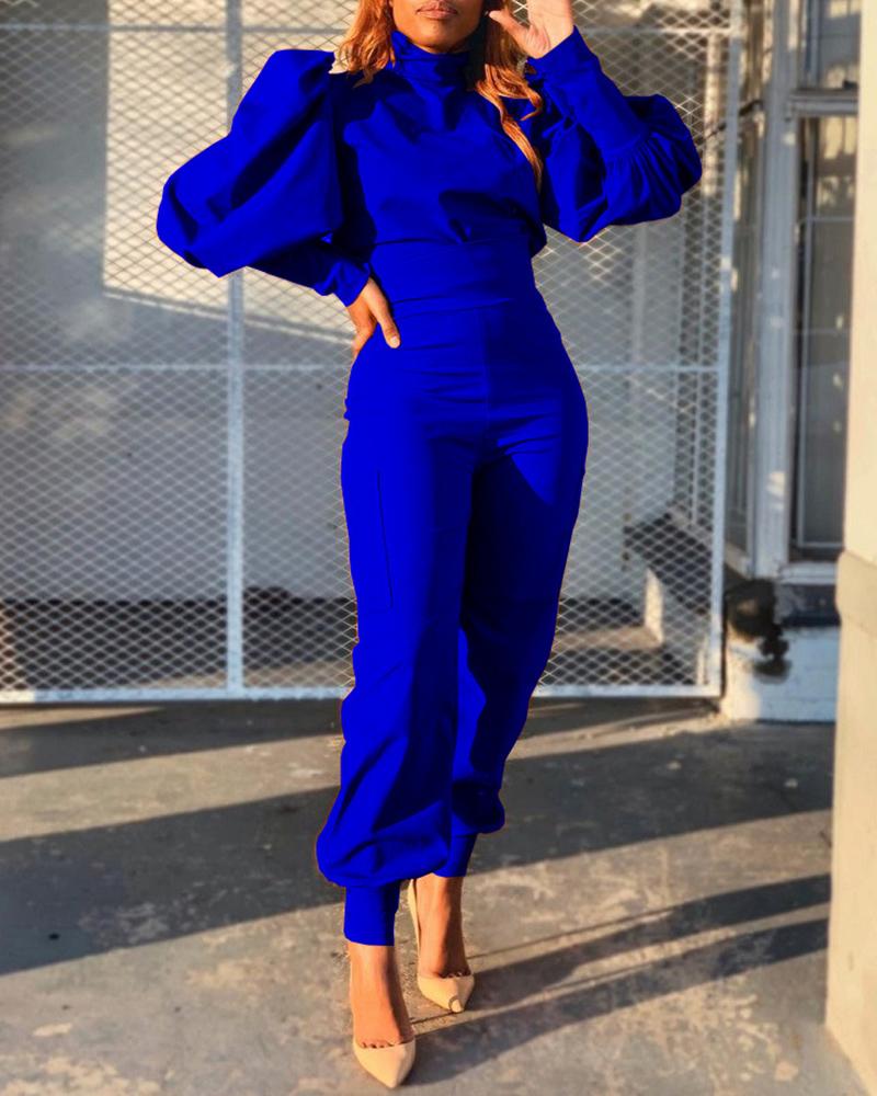 

Puff Sleeve Top & High Waist Cuffed Pants Set, Blue